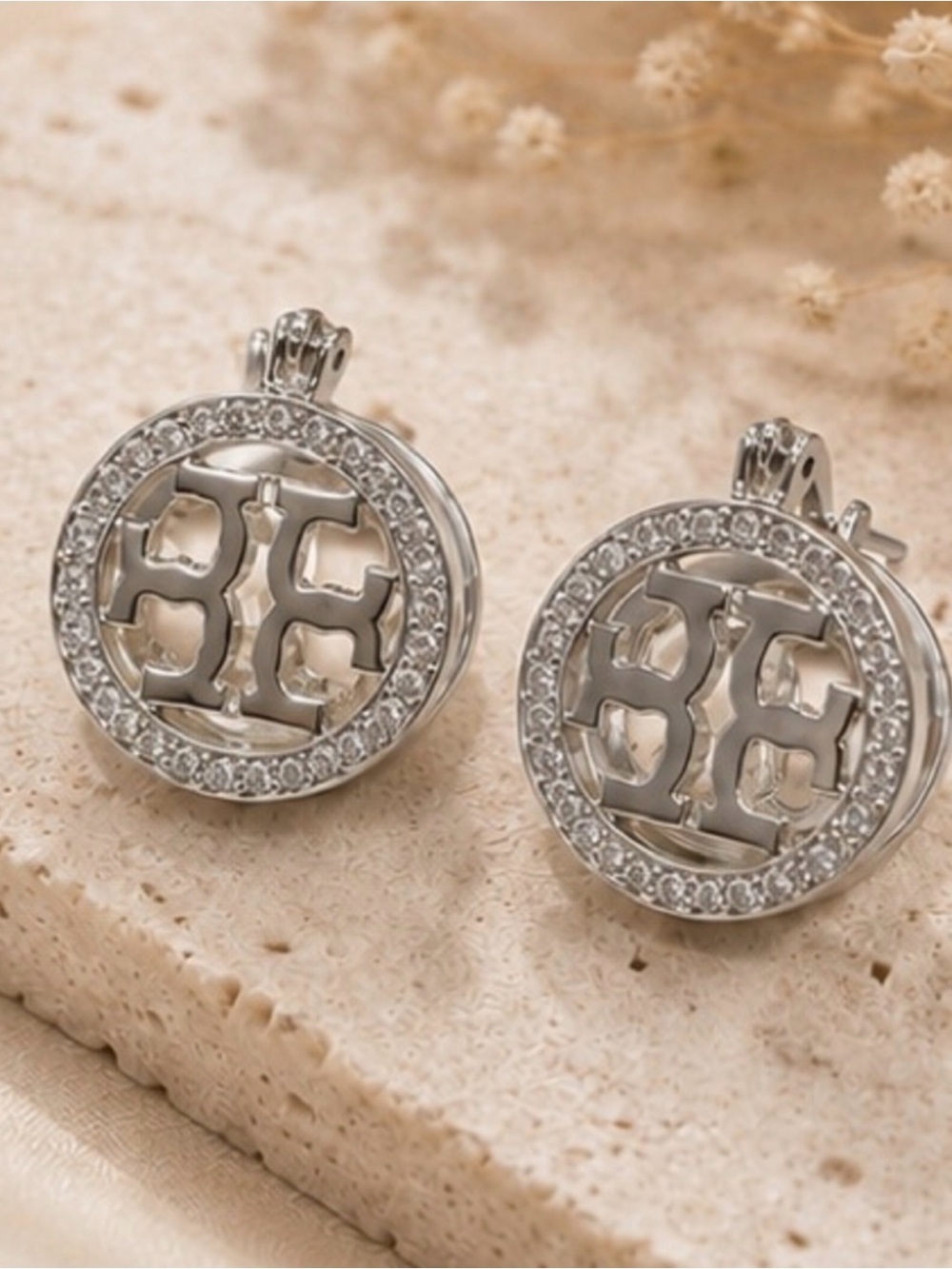 Silver Crystal Logo Round Designer Inspired Earrings